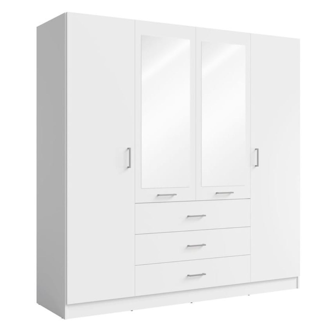 White wardrobe with multiple doors and drawers on a white background
