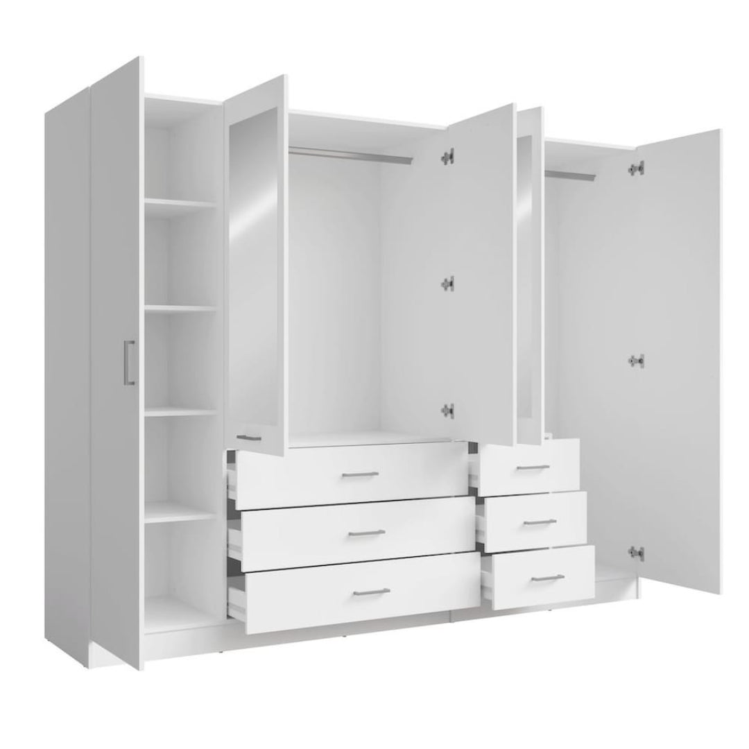 White wardrobe with open doors and drawers on a white background