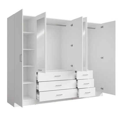 White wardrobe with open doors and drawers on a white background