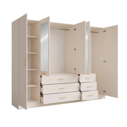 Beige wardrobe with open doors and drawers on a white background