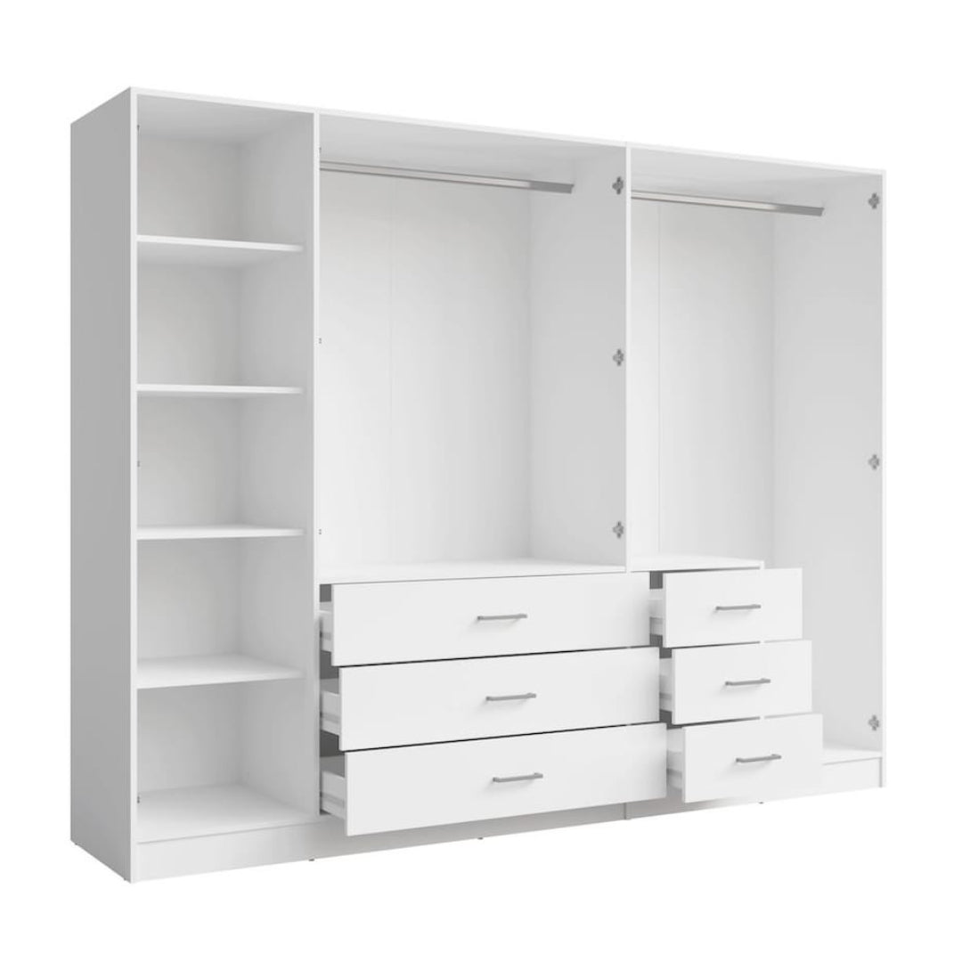 White wardrobe with open doors on a white background