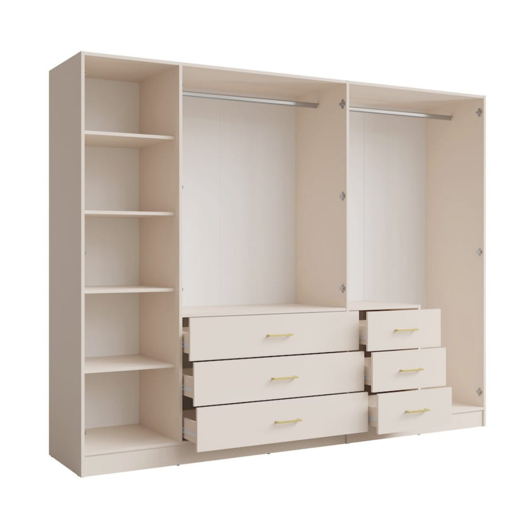 Beige wardrobe with shelves, drawers, and a mirror on a white background