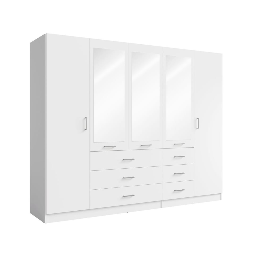 White wardrobe with multiple doors and drawers on a white background