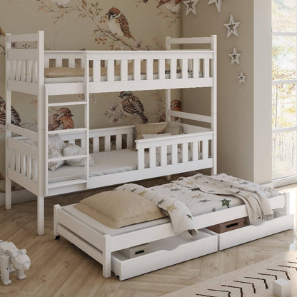 White bunk bed with pull-out drawer in a room with floral wallpaper and large windows.