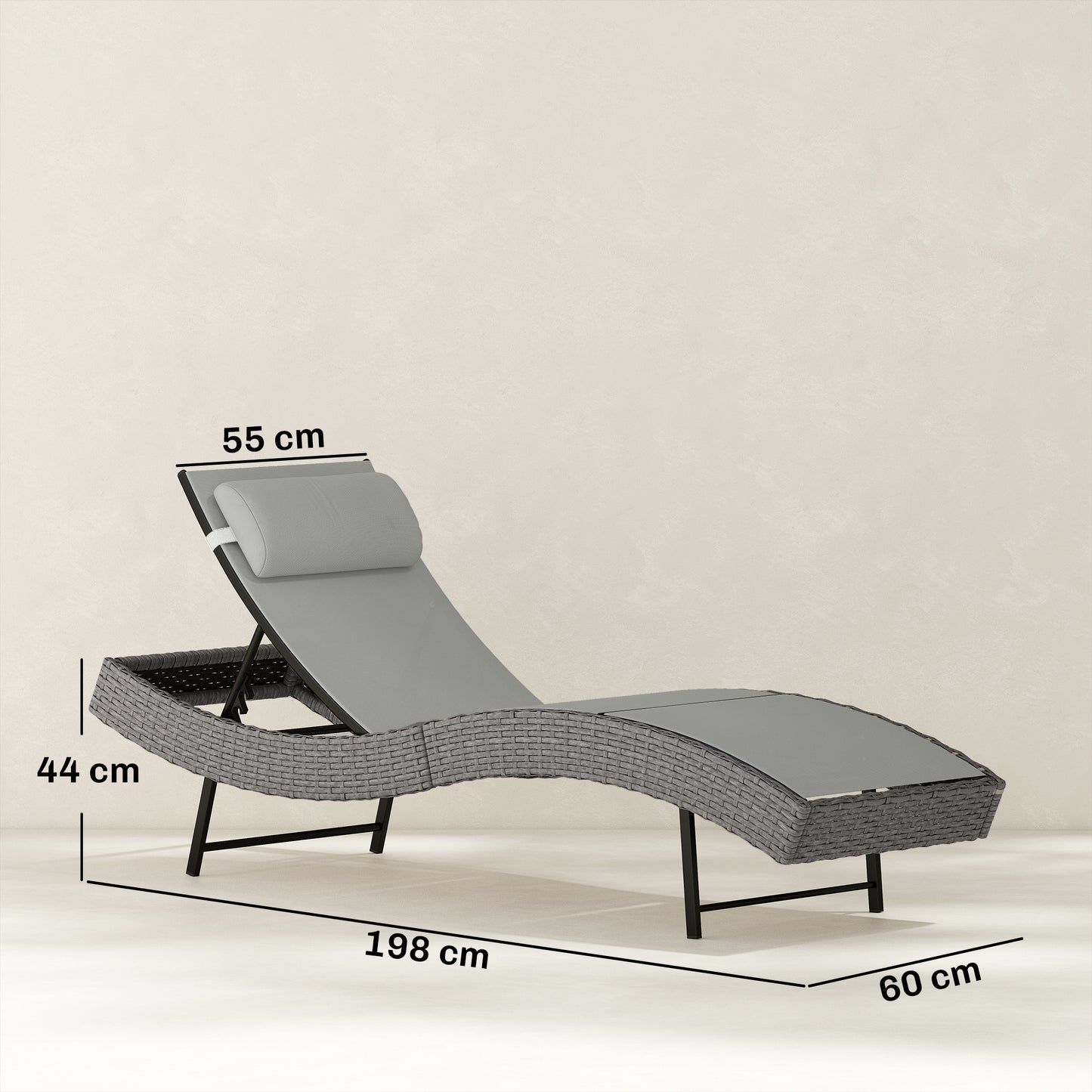 Outsunny Rattan Sun Lounger, Garden Recliner with 5 Position Adjustable Back, S Shaped Texteline Seat, Headrest, Light Grey