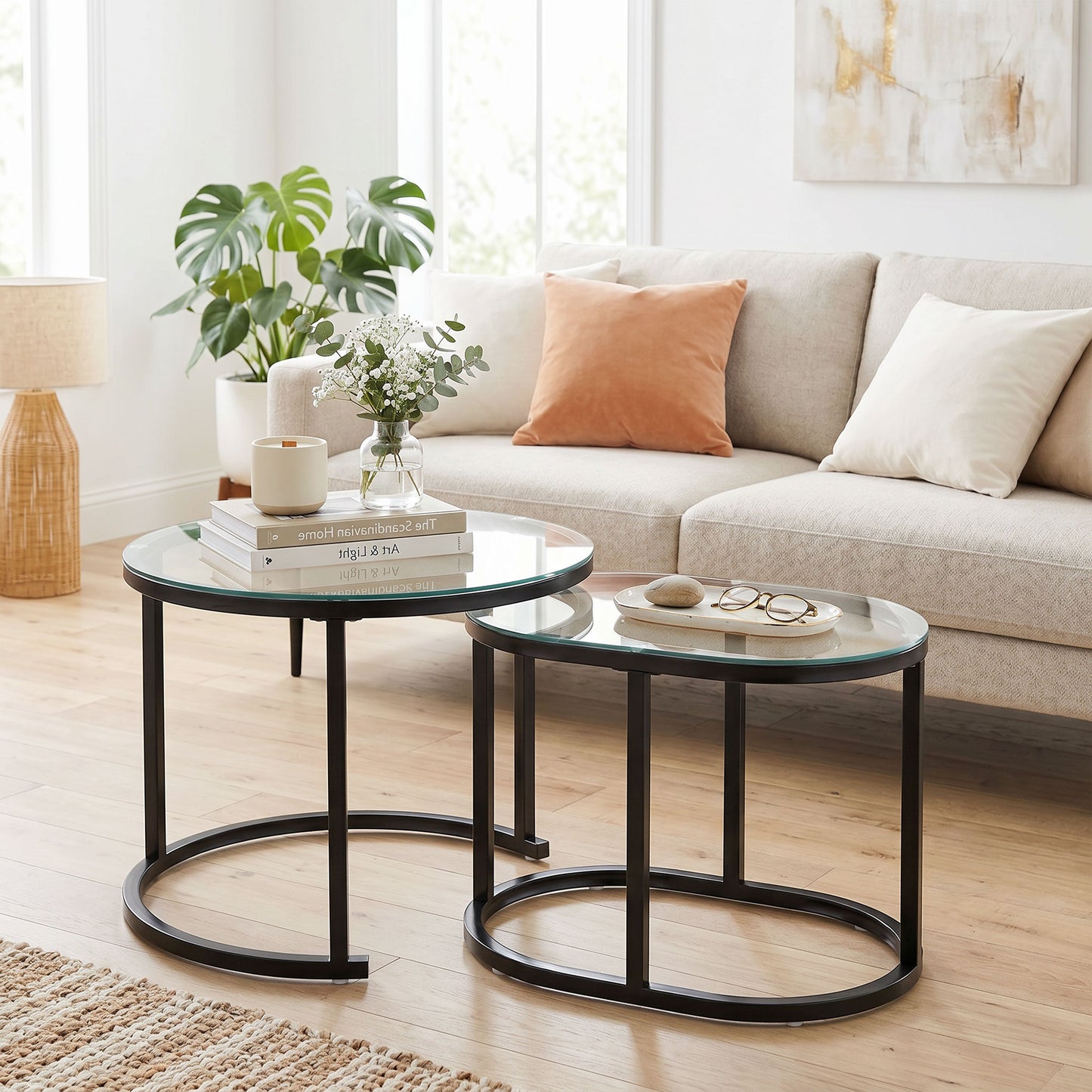HOMCOM Nest of Tables with Steel Frame and Tempered Glass Tabletop, Modern Coffee Table Set of 2, Black