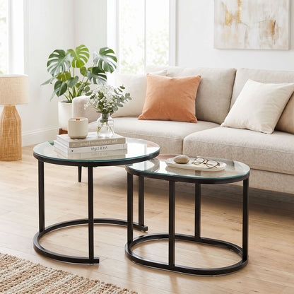 HOMCOM Nest of Tables with Steel Frame and Tempered Glass Tabletop, Modern Coffee Table Set of 2, Black