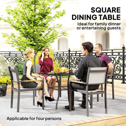 Outsunny 94 x 94 cm Garden Table with Parasol Hole, Outdoor Dining Garden Table for Four with Slatted Metal Plate Top, Black