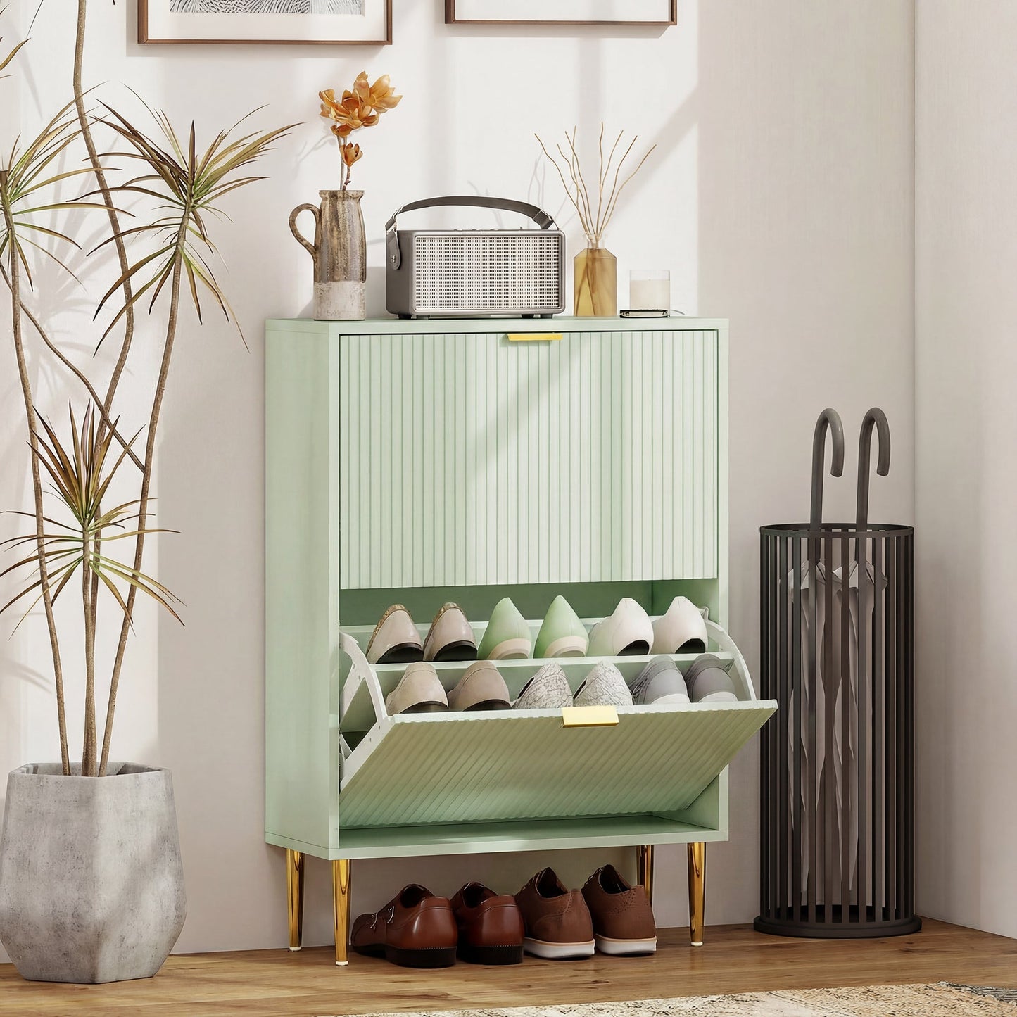 HOMCOM Elegant Two-Drawer Shoe Cabinet - Light Green
