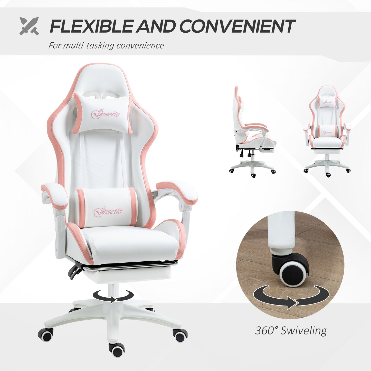 Vinsetto Computer Gaming Chair, PU Leather Desk Chair with Footrest, Swivel Task Chair with 135¡ Reclining Back and Lumbar Support, PC Chair for Adults, White and Pink