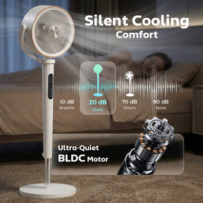 HOMCOM 20dB Silent Standing Fan, 70Â°+90Â° Auto Oscillating Fan with 12 Speeds, LED Light, Air Circulator, Remote Control, 12H Timer, for Bedroom, 46 Inch, White