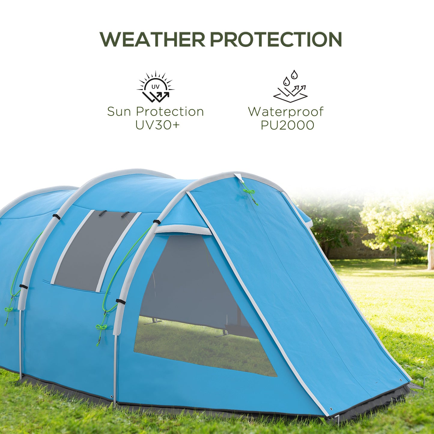 خيمة تخييم Outsunny 3-4 Man Tunnel Tent، خيمة تخييم من غرفتين مع نوافذ وأغطية، حقيبة حمل محمولة، للصيد والمشي لمسافات طويلة والرياضة والمهرجانات - أزرق