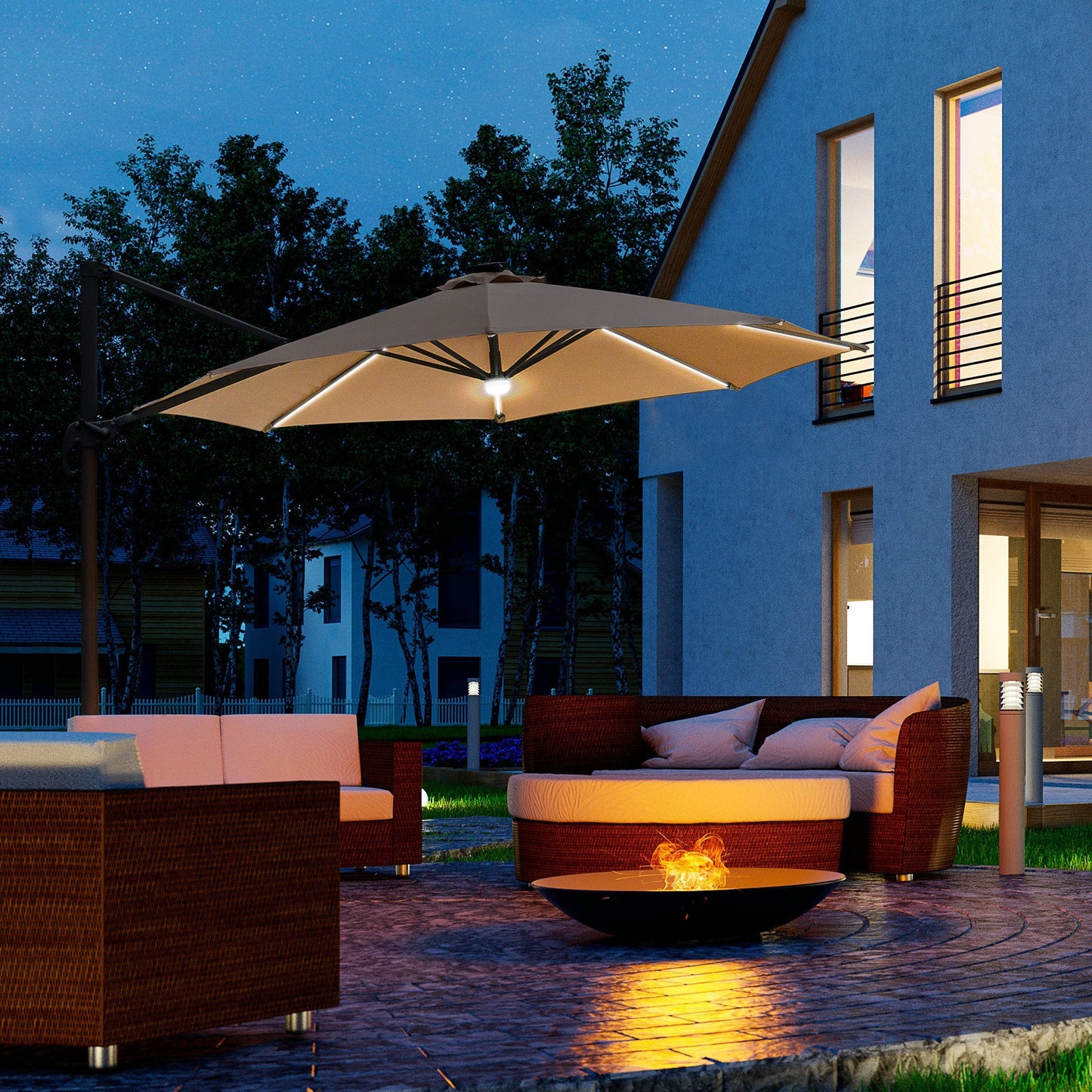 Outsunny 3(m) LED Cantilever Parasol Outdoor Sun Umbrella w/ Base Solar Lights Brown