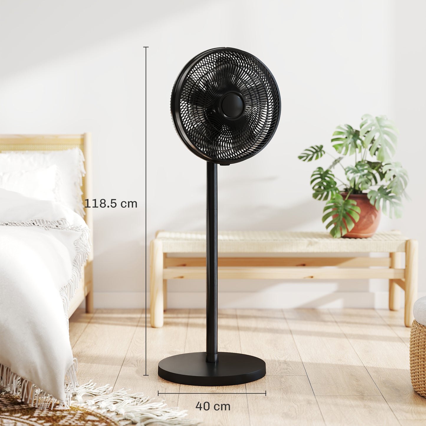 HOMCOM 40 cm Standing Fan, Cooling Floor Fan with 80Â° Oscillating, Adjustable Tilt and Height, 4 Speed, Remote Control, Black
