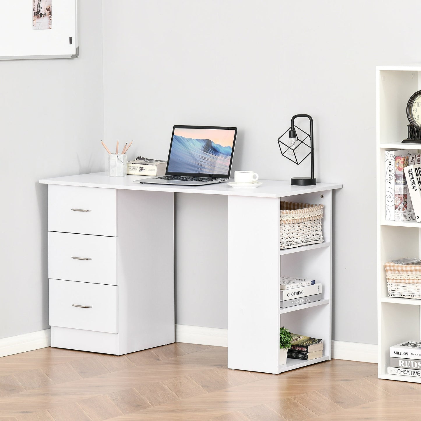 HOMCOM Computer Desk, Writing Table, PC Workstation with 3 Storage Shelves and Drawers, Silver Handle, for Home Office, White