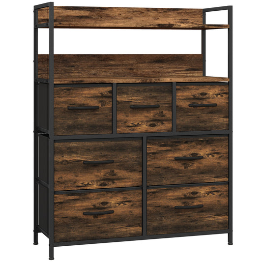 HOMCOM Rustic Chest of Seven Fabric Drawers - Rustic Brown