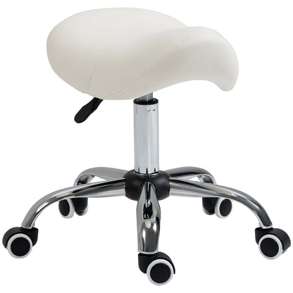 HOMCOM Cosmetic Stool 360 Rotate Height Adjustable Salon Massage Spa Chair Hydraulic Rolling Faux Leather Saddle Stool, Cream