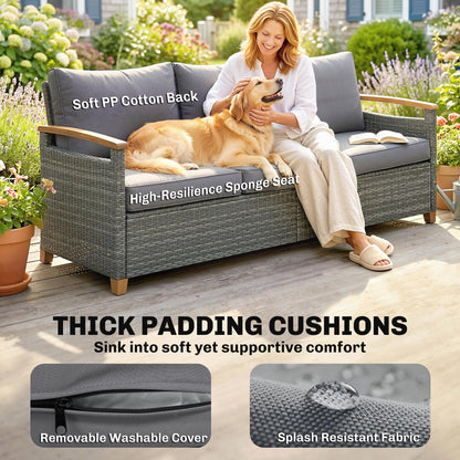 Outsunny 3 Seater Rattan Garden Sofa, PE Wicker Outdoor Sofa Wide Deep Seat, 4" Cushions, Wood-Effect Armrests Legs, Dark Grey