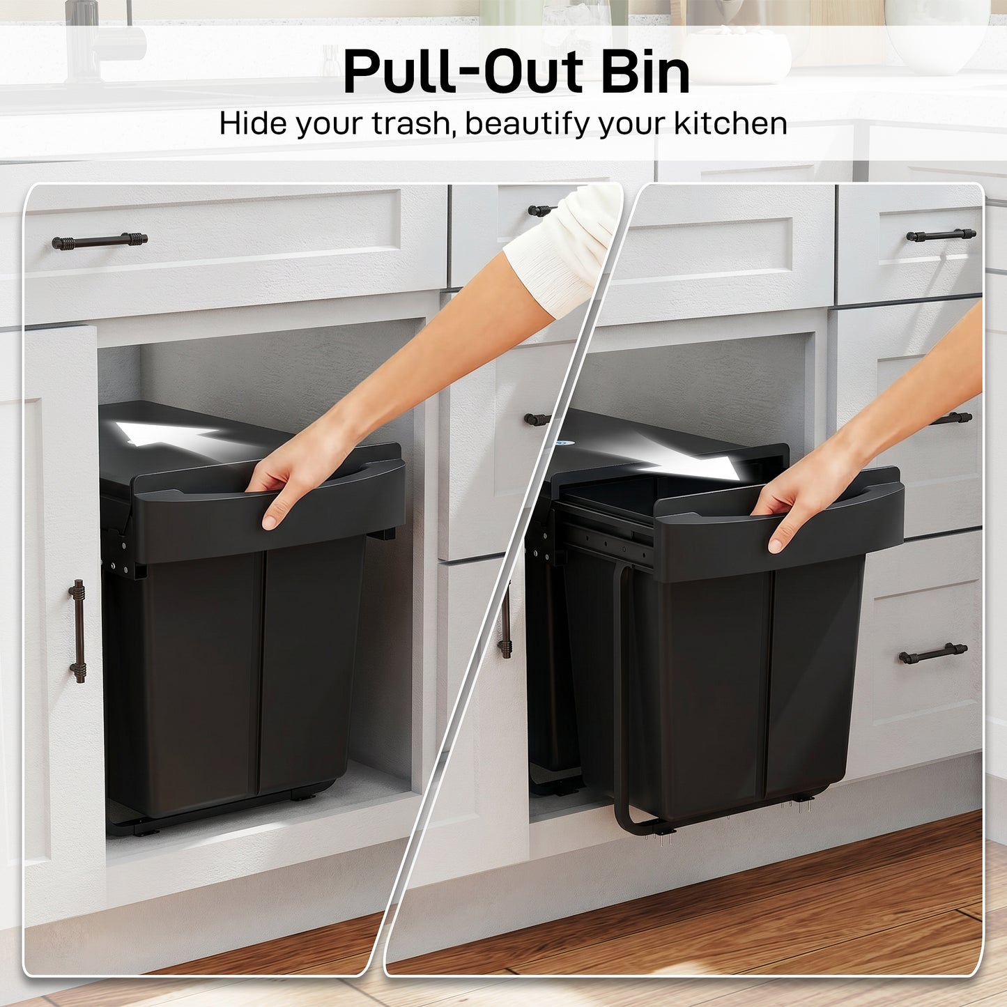 HOMCOM Pull Out Bin, Kitchen Under Sink Bin with 2 Removable Compartments, Smooth Glide, Black
