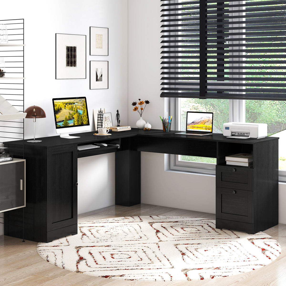 L-Shaped Computer Desk with Built-in Charging Station and Keyboard Tray Drawer-Black