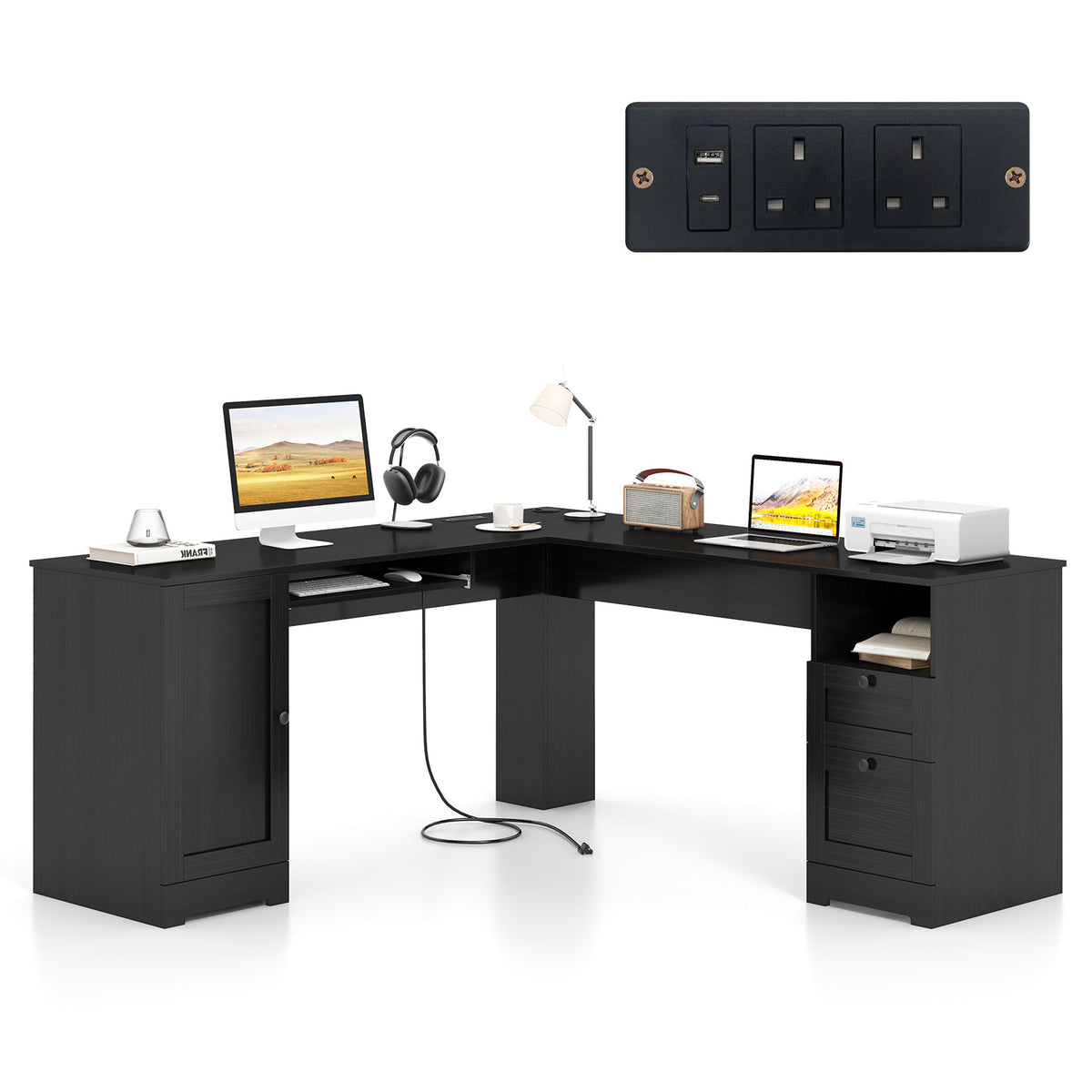 L-Shaped Computer Desk with Built-in Charging Station and Keyboard Tray Drawer-Black