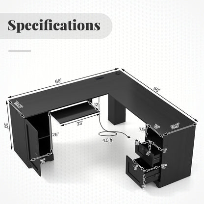 L-Shaped Computer Desk with Built-in Charging Station and Keyboard Tray Drawer-Black