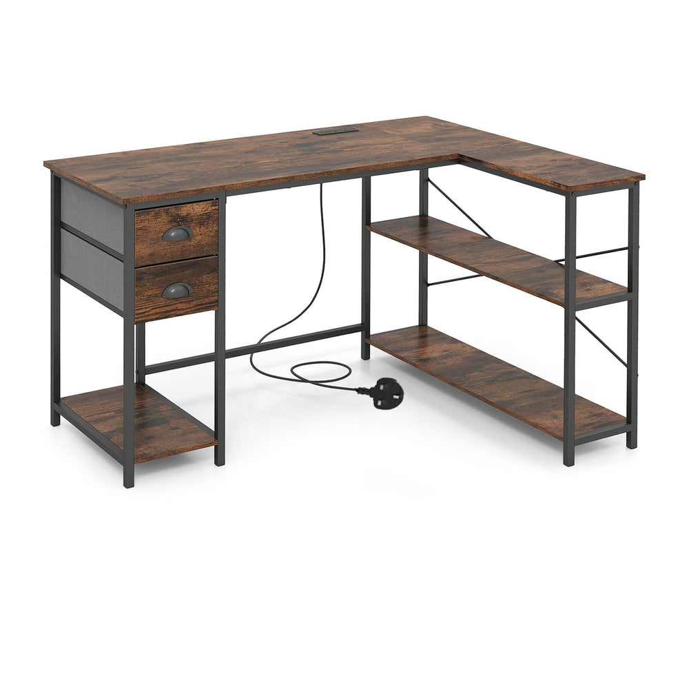 L Shaped Desk with Charging Station and 2 Fabric Drawers for Small Space-Rustic Brown