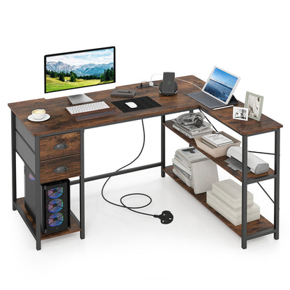 L Shaped Desk with Charging Station and 2 Fabric Drawers for Small Space-Rustic Brown