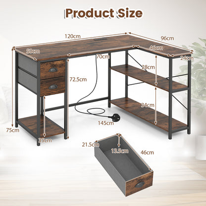 L Shaped Desk with Charging Station and 2 Fabric Drawers for Small Space-Rustic Brown