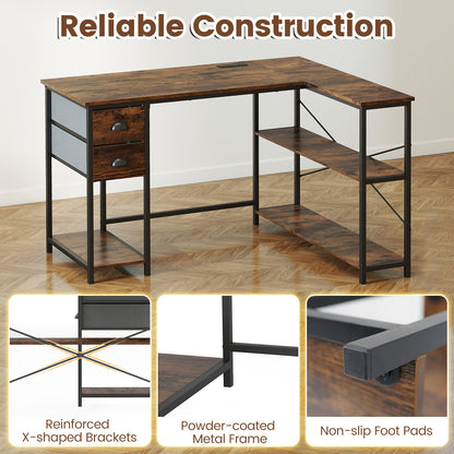 L Shaped Desk with Charging Station and 2 Fabric Drawers for Small Space-Rustic Brown