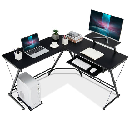 L-Shaped Computer Desk with Movable Host Stand and Removable Monitor Shelf-Black