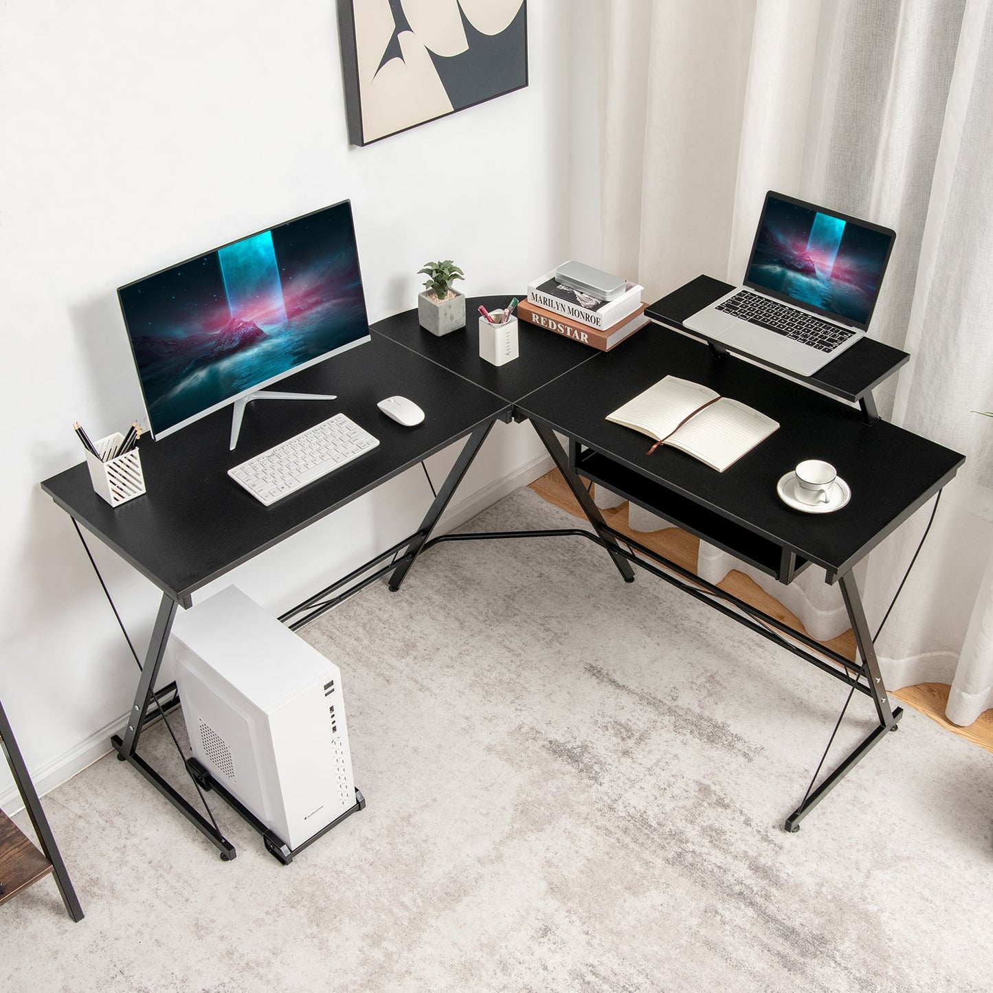 L-Shaped Computer Desk with Movable Host Stand and Removable Monitor Shelf-Black