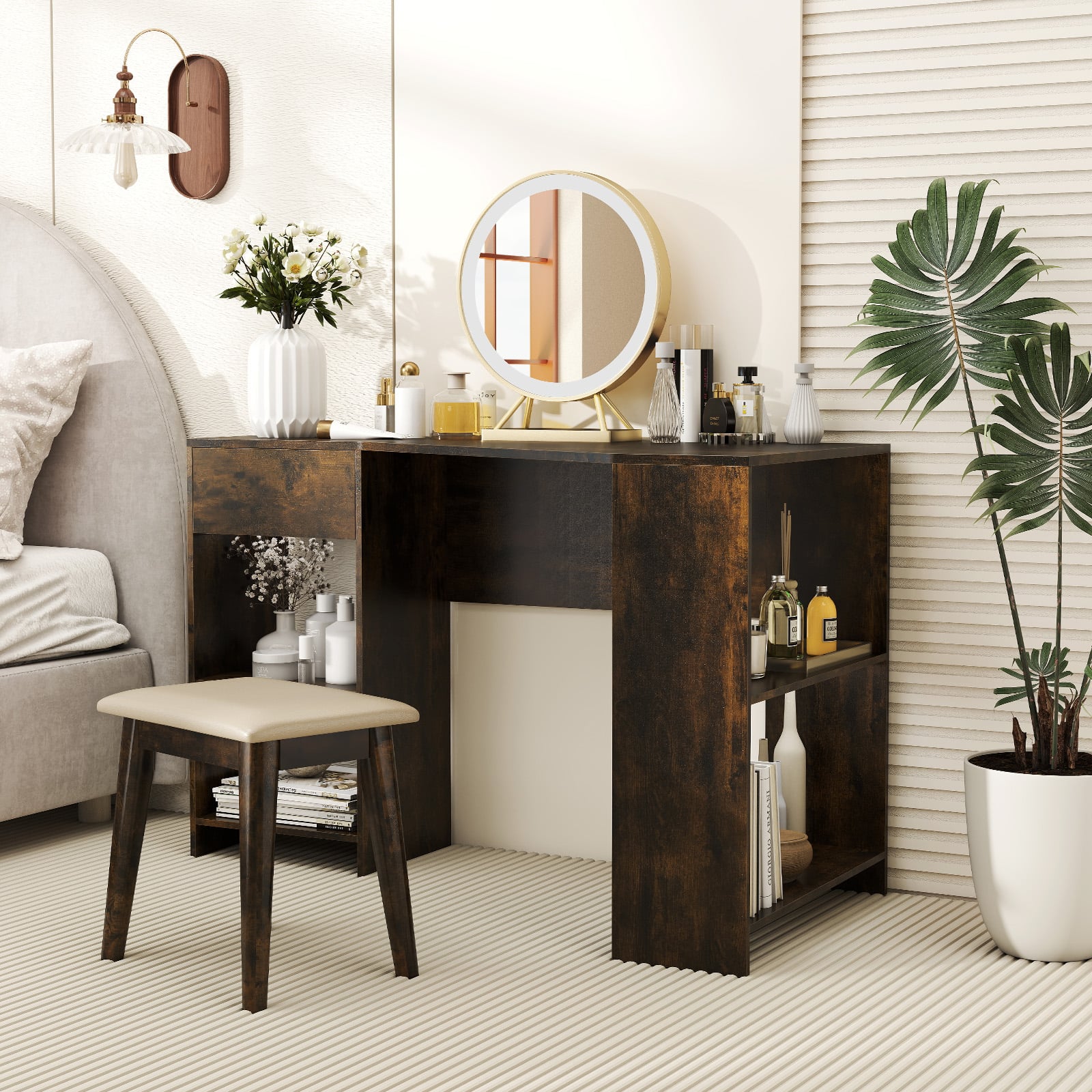 L-Shaped Computer Desk with Storage and Open Shelves for Living Room Bedroom-Rustic Brown