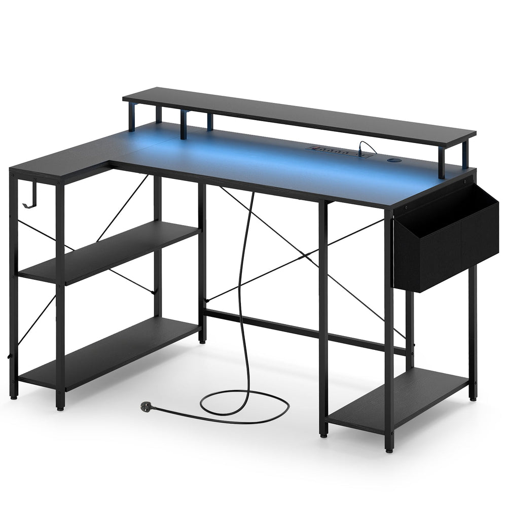L-Shaped Gaming Desk 120 cm Computer Desk with LED Lights and Power Outlets-Black