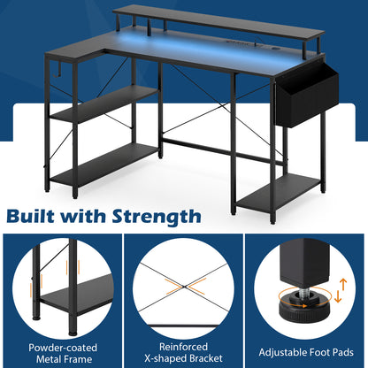 L-Shaped Gaming Desk 120 cm Computer Desk with LED Lights and Power Outlets-Black