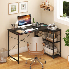L-shaped Desk with Power Outlet with Reversible Adjustable Storage Shelves-Black