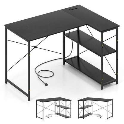 L-shaped Desk with Power Outlet with Reversible Adjustable Storage Shelves-Black
