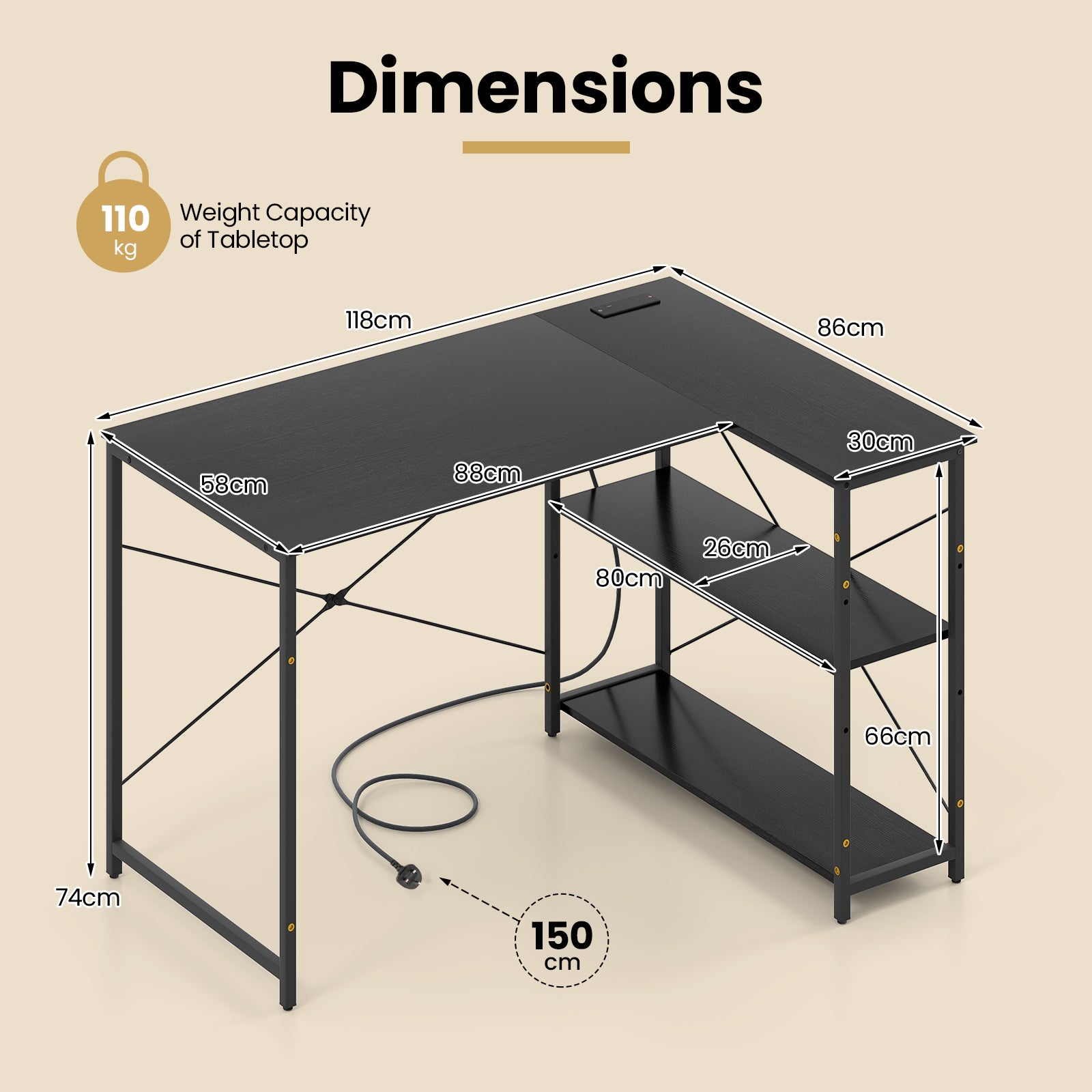 L-shaped Desk with Power Outlet with Reversible Adjustable Storage Shelves-Black