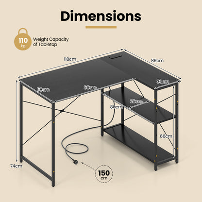 L-shaped Desk with Power Outlet with Reversible Adjustable Storage Shelves-Black