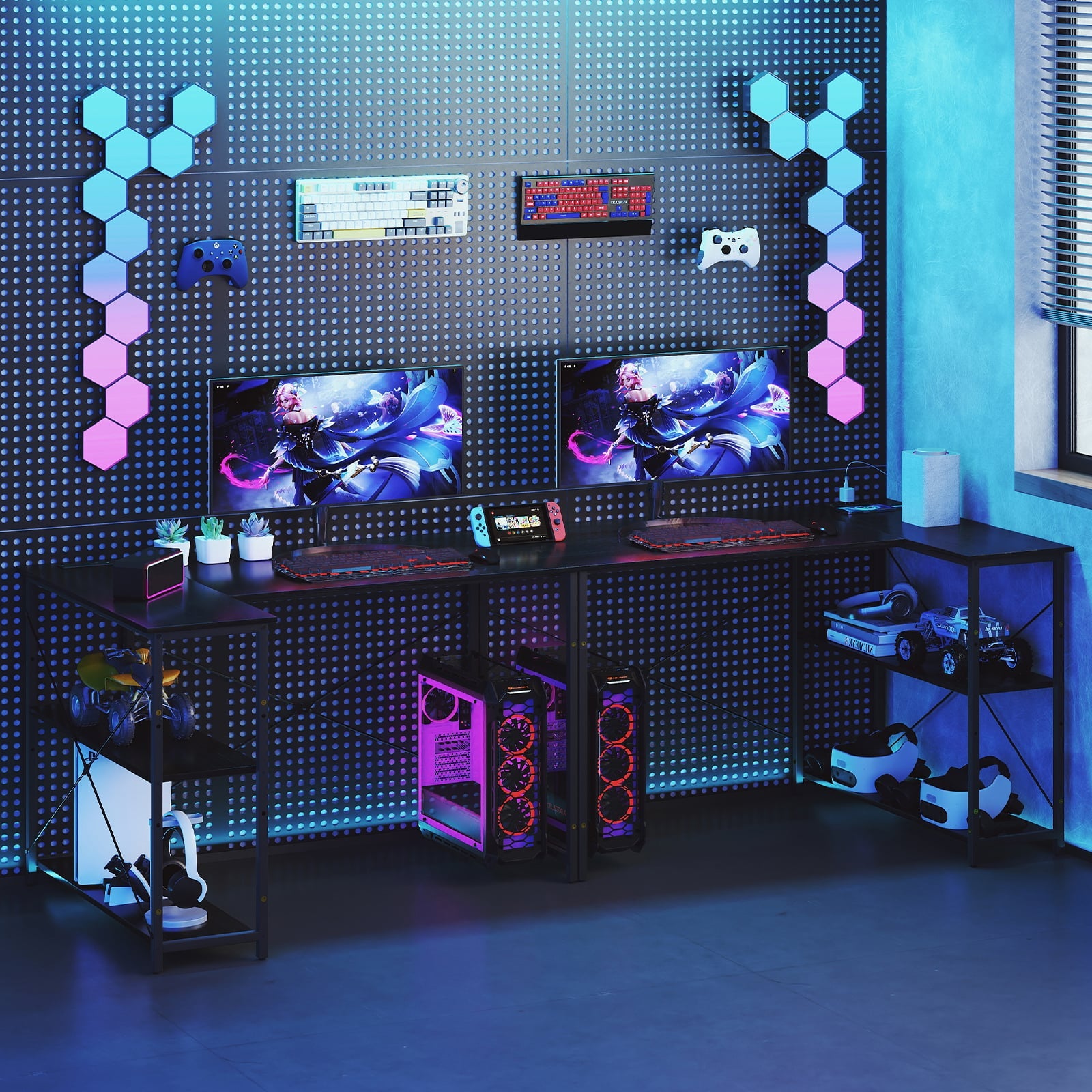 L-shaped Desk with Power Outlet with Reversible Adjustable Storage Shelves-Black