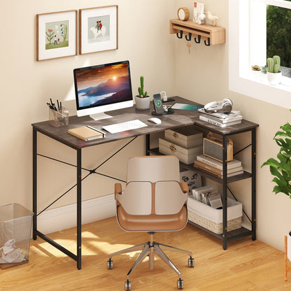L-shaped Desk with Power Outlet with Reversible Adjustable Storage Shelves-Grey
