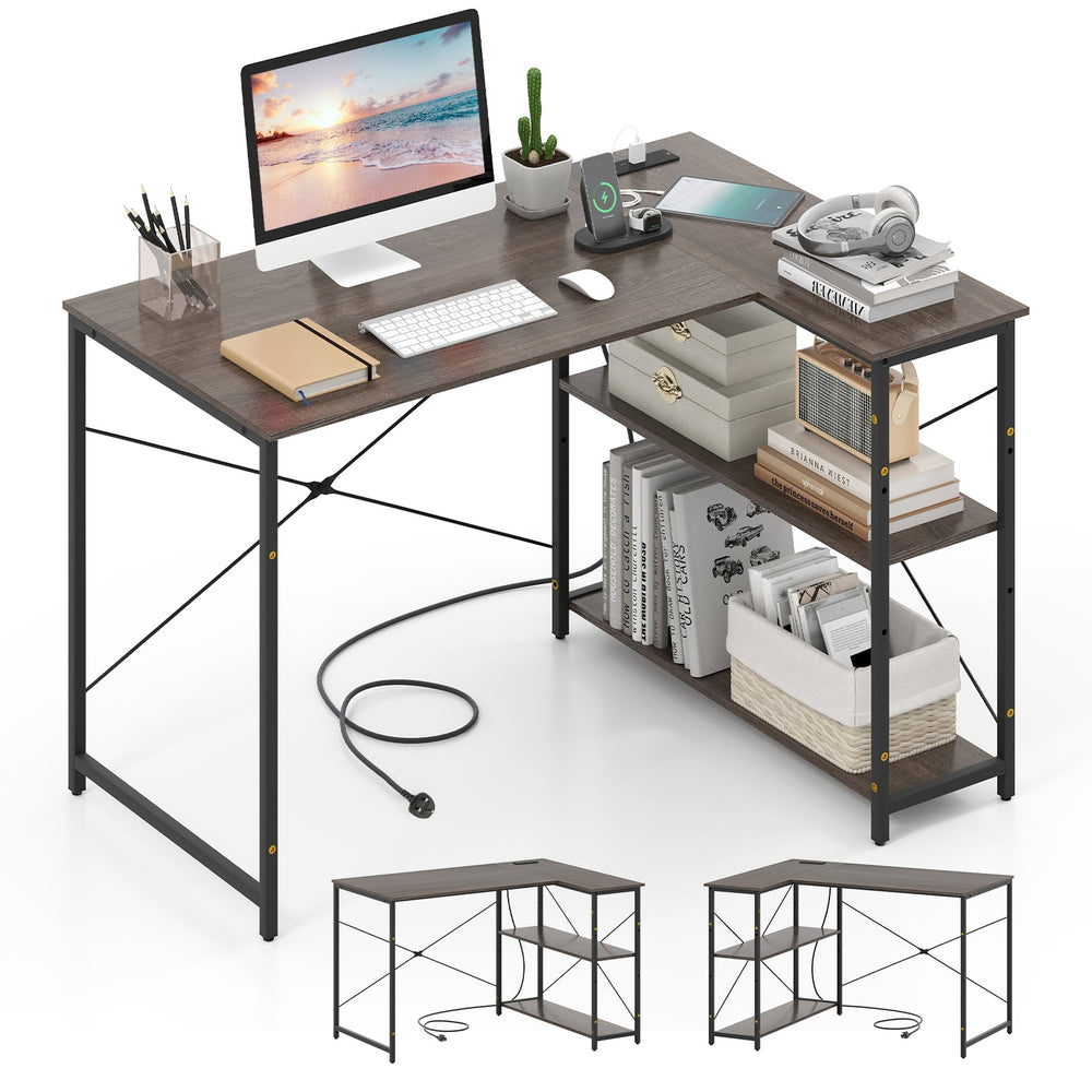 L-shaped Desk with Power Outlet with Reversible Adjustable Storage Shelves-Grey