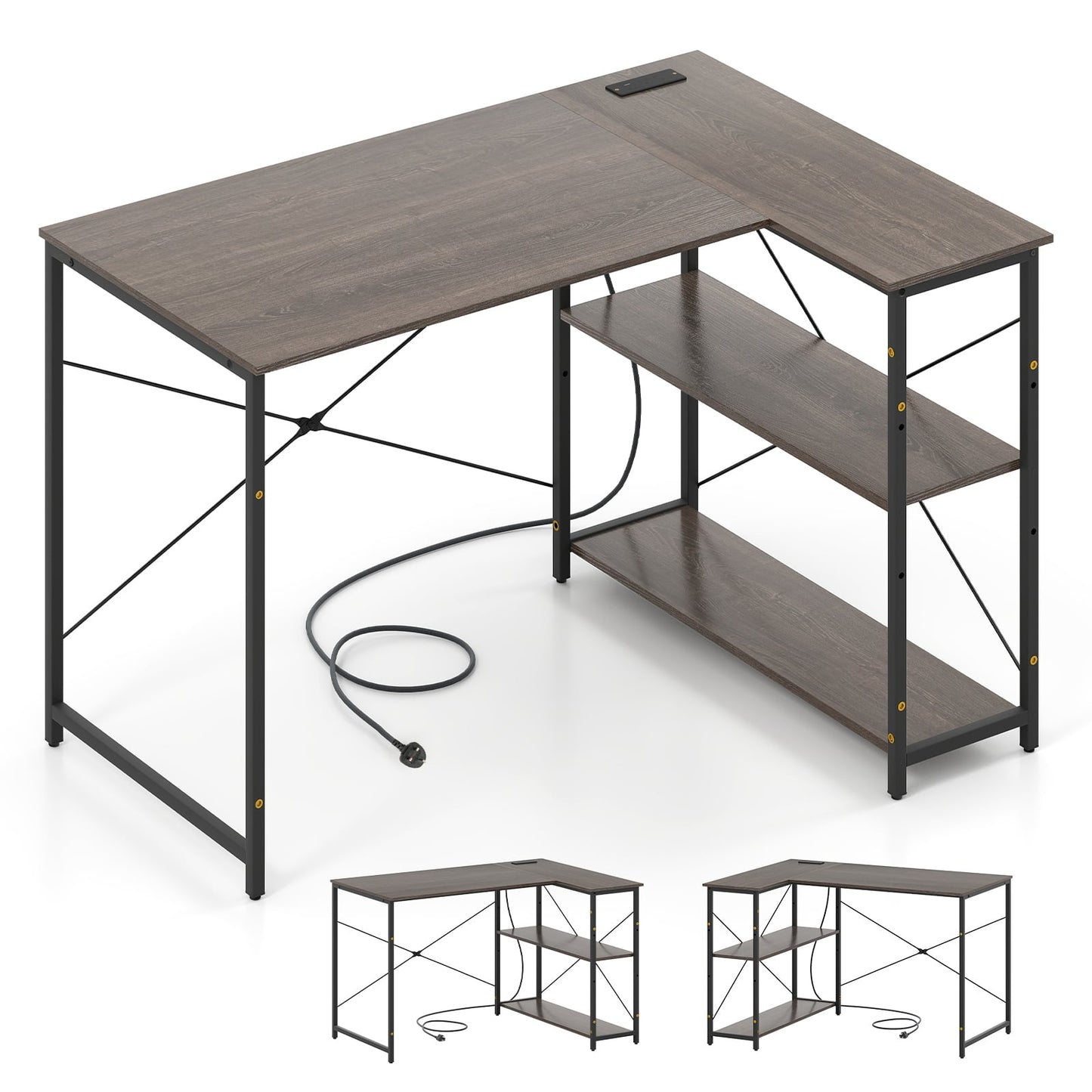 L-shaped Desk with Power Outlet with Reversible Adjustable Storage Shelves-Grey