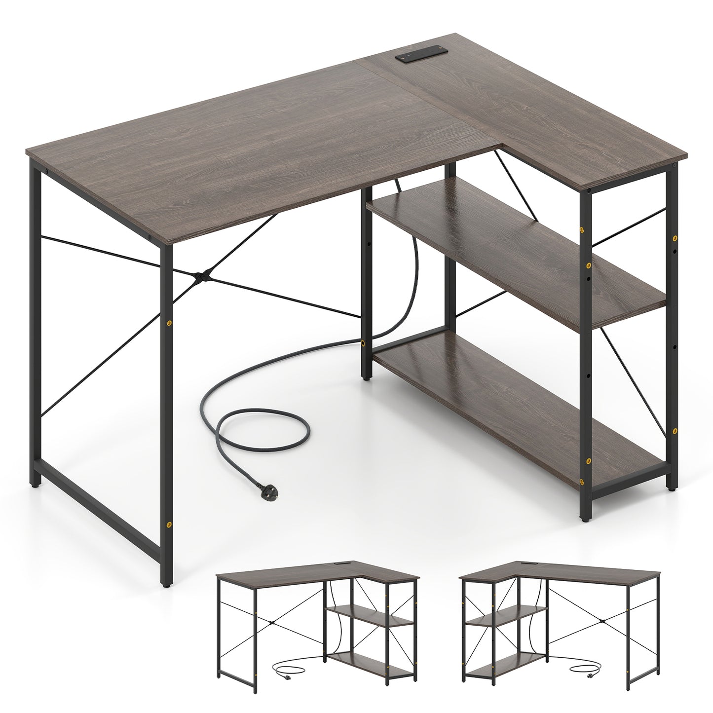 L-shaped Desk with Power Outlet with Reversible Adjustable Storage Shelves-Grey