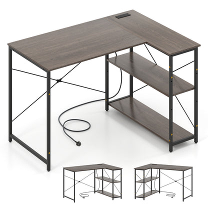 L-shaped Desk with Power Outlet with Reversible Adjustable Storage Shelves-Grey
