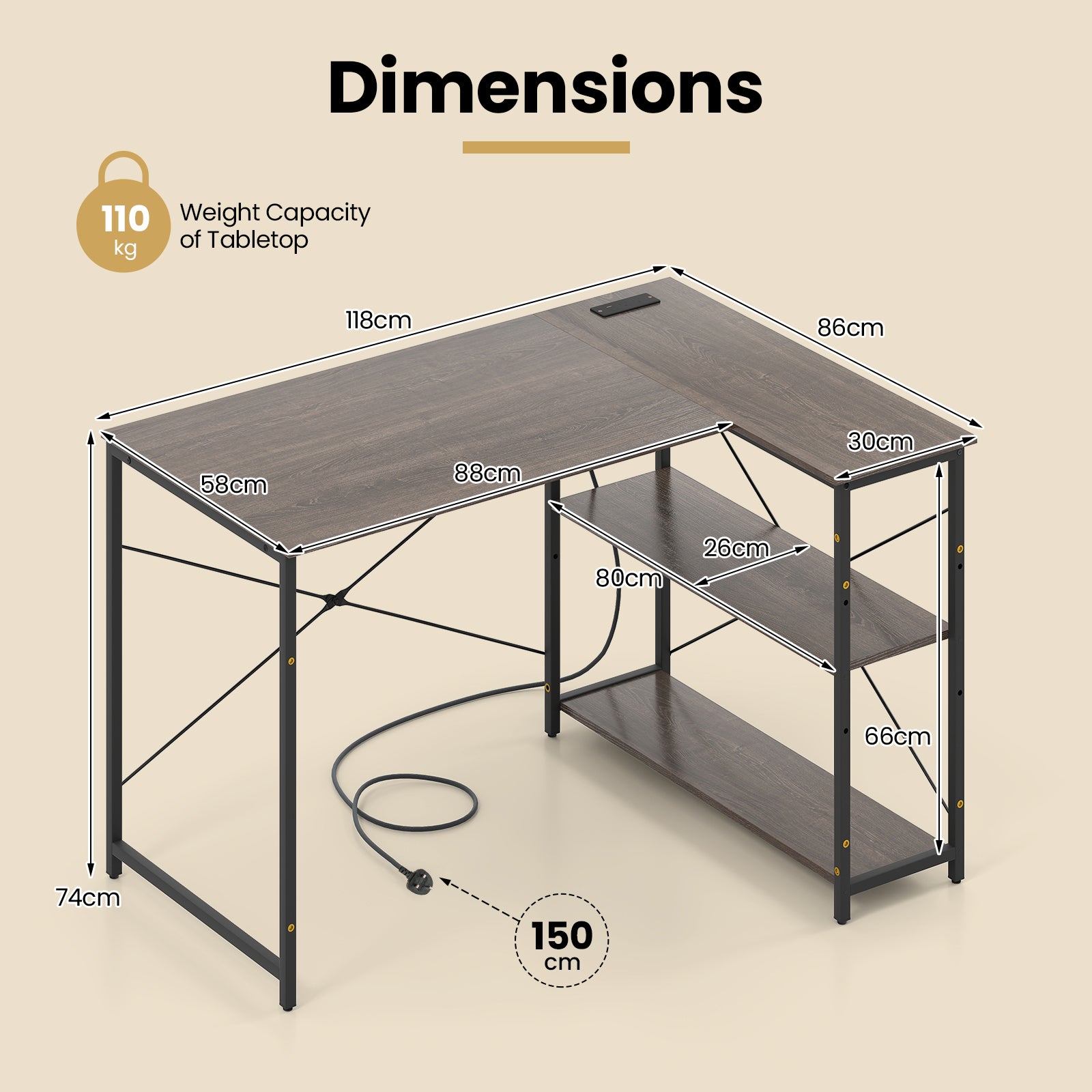 L-shaped Desk with Power Outlet with Reversible Adjustable Storage Shelves-Grey