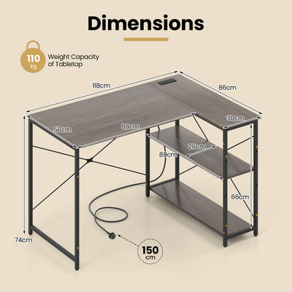 L-shaped Desk with Power Outlet with Reversible Adjustable Storage Shelves-Grey