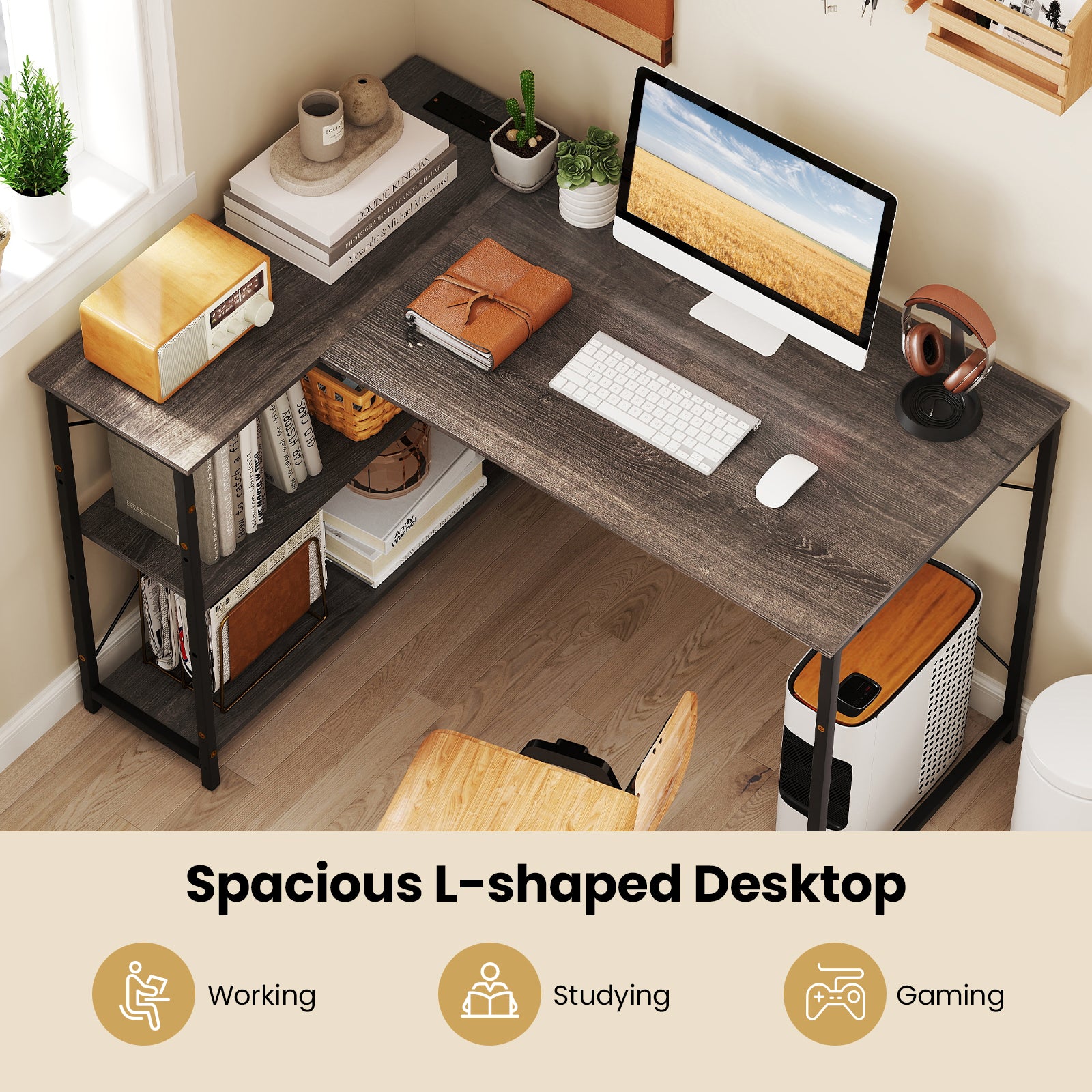 L-shaped Desk with Power Outlet with Reversible Adjustable Storage Shelves-Grey