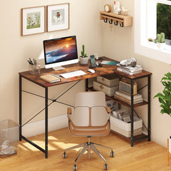 L-shaped Desk with Power Outlet with Reversible Adjustable Storage Shelves-Rustic Brown