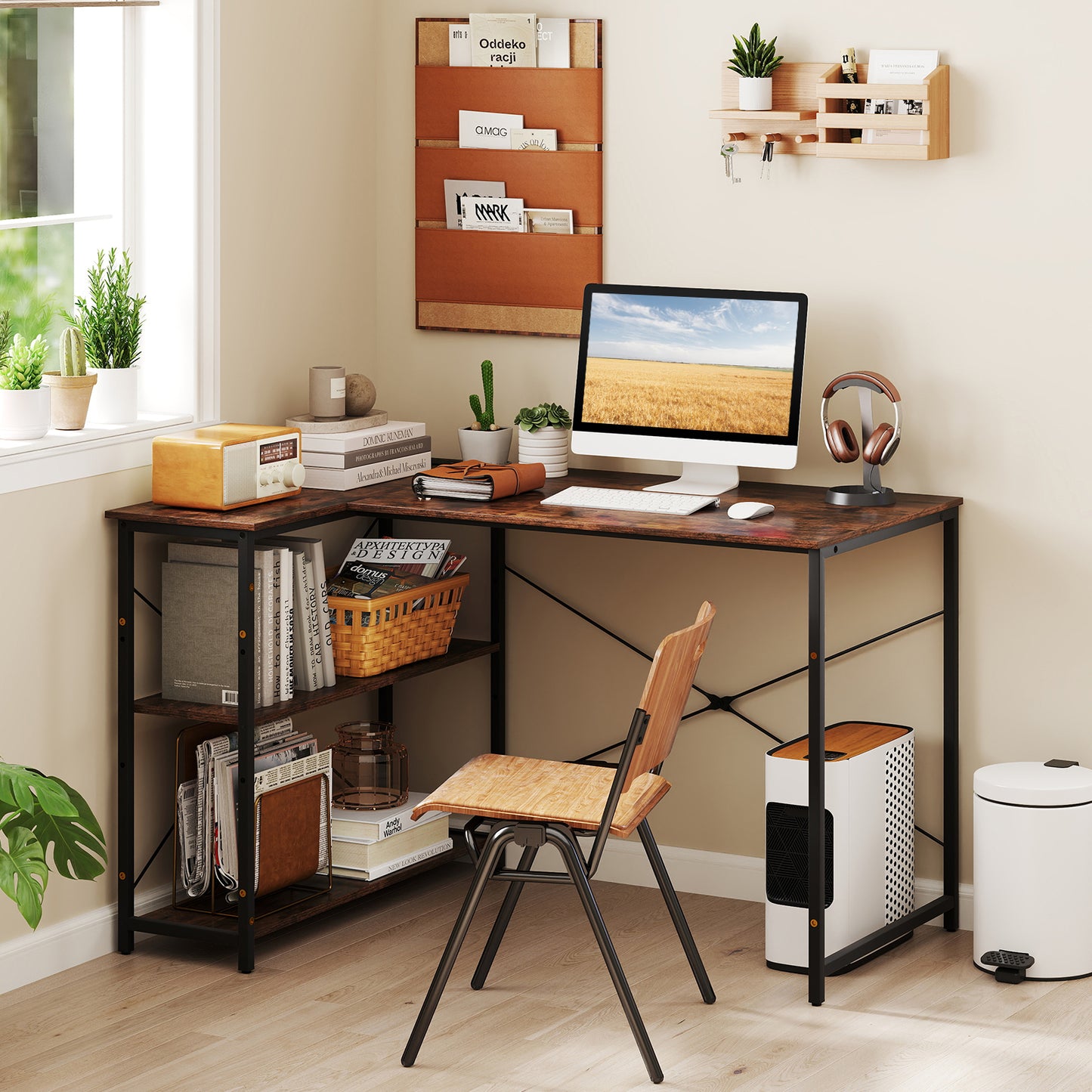 L-shaped Desk with Power Outlet with Reversible Adjustable Storage Shelves-Rustic Brown
